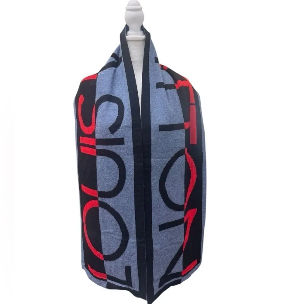 Auth Louis Vuitton 100% Wool Red Blue Black Gray Horizon Scarf Stole Muffler